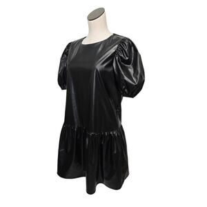 NWT English Factory Dress Women Large Black Puff Sleeve Faux Leather‎ Mini Shift